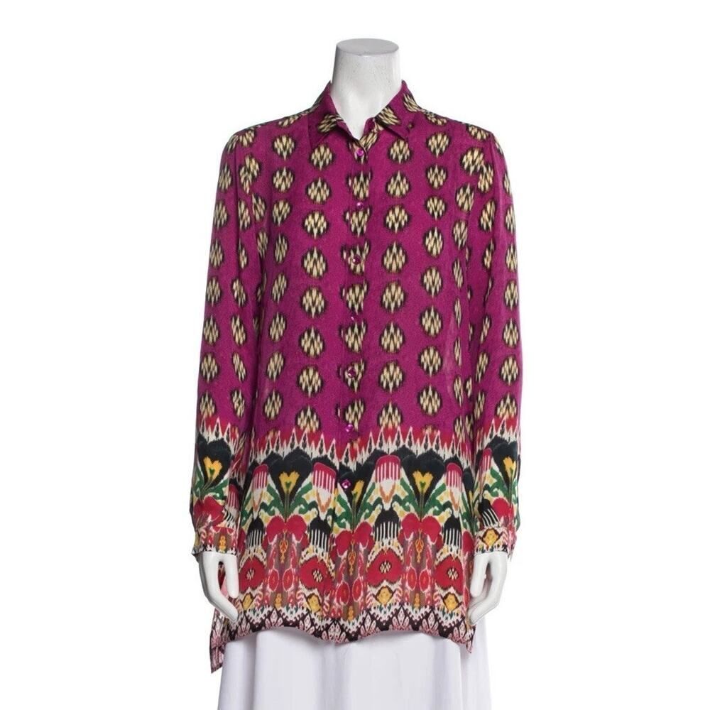 Etro 100% Silk Button-Up Blouse Pink Ikat Print Size US 10 (IT 46) - Picture 15 of 15